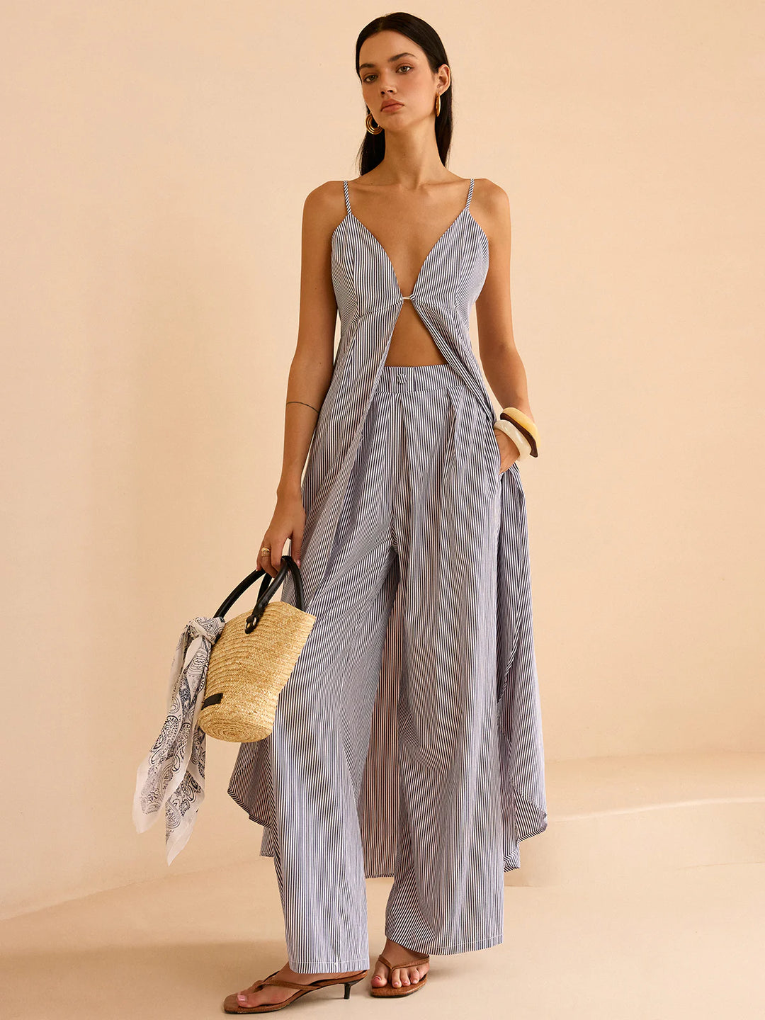 Lara | Striped Long Cami Top and Wide-Leg Pants Set