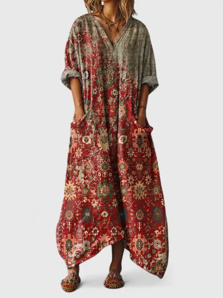 Indra | Cotton Boho Print Front Pocket Maxi Dress