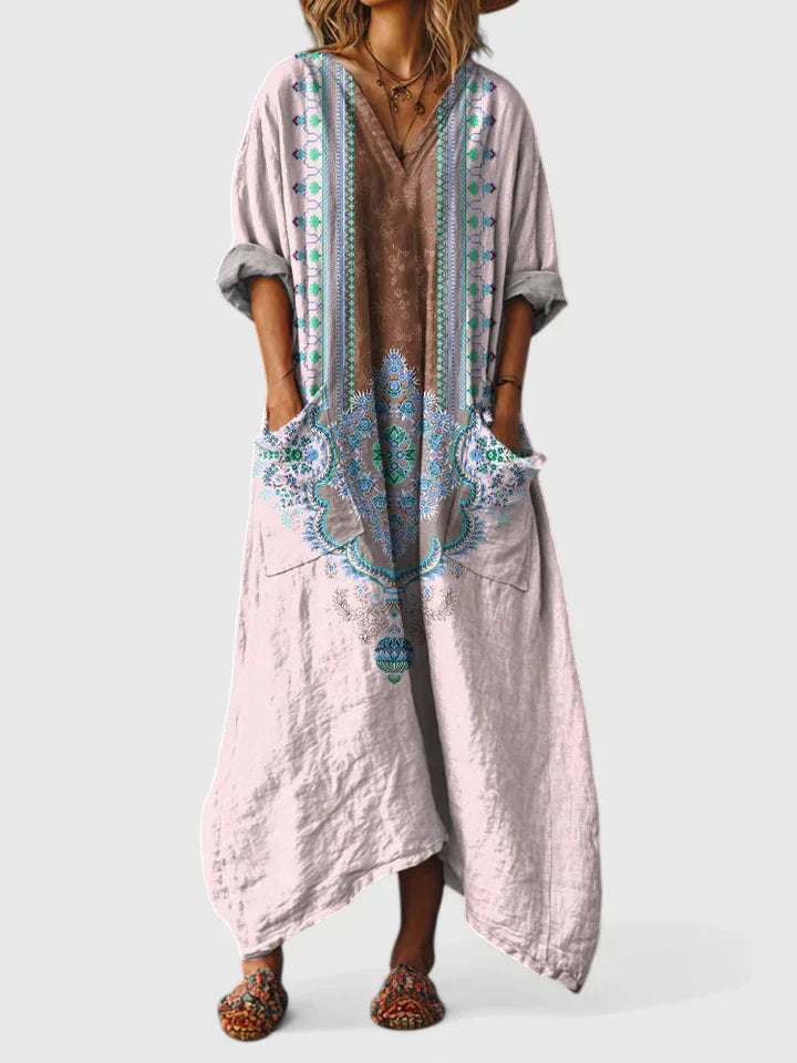 Indra | Cotton Boho Print Front Pocket Maxi Dress
