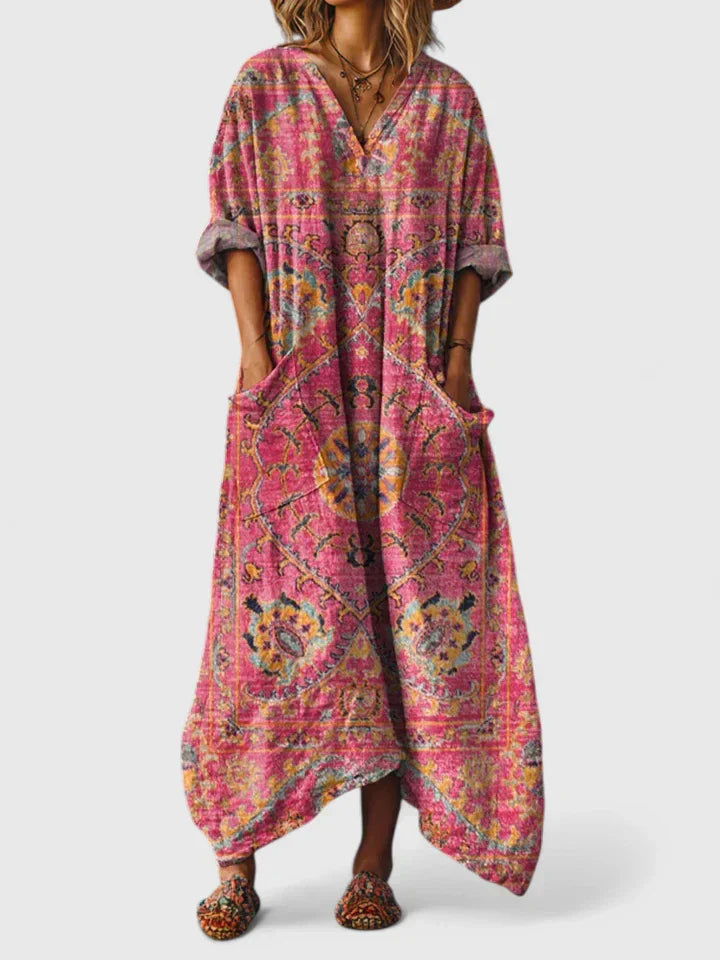 Indra | Cotton Boho Print Front Pocket Maxi Dress