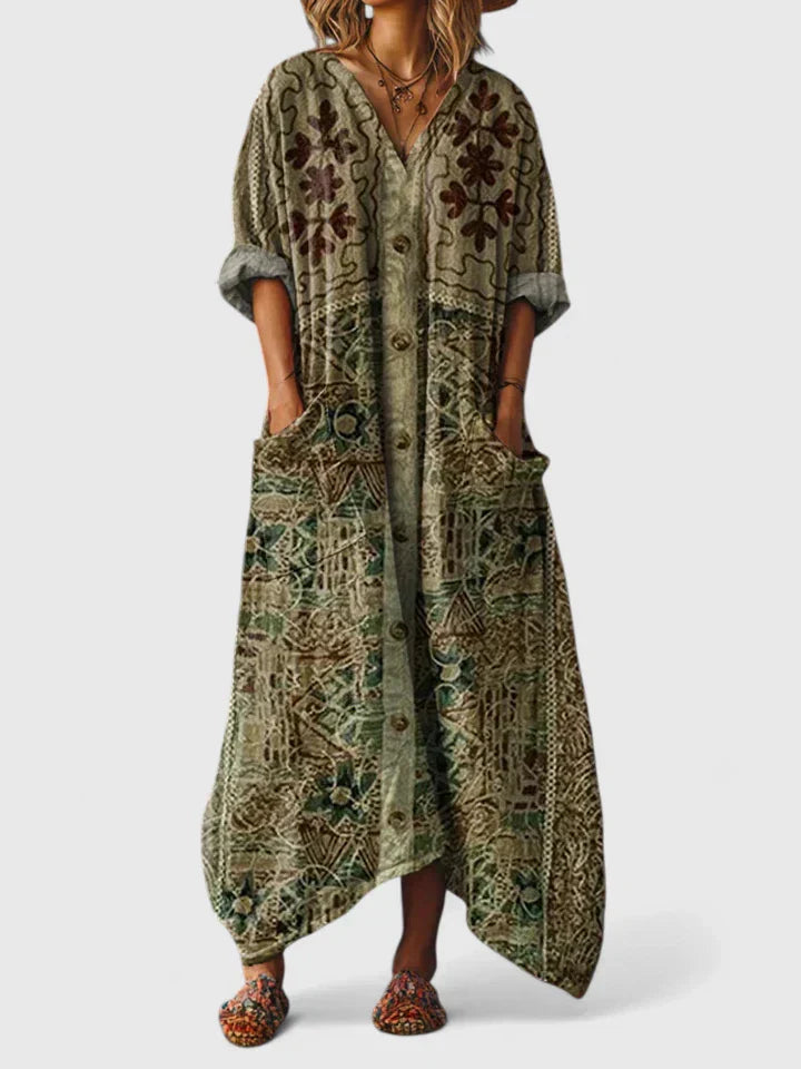 Indra | Cotton Boho Print Front Pocket Maxi Dress