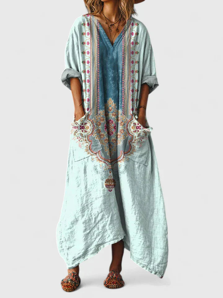 Indra | Cotton Boho Print Front Pocket Maxi Dress