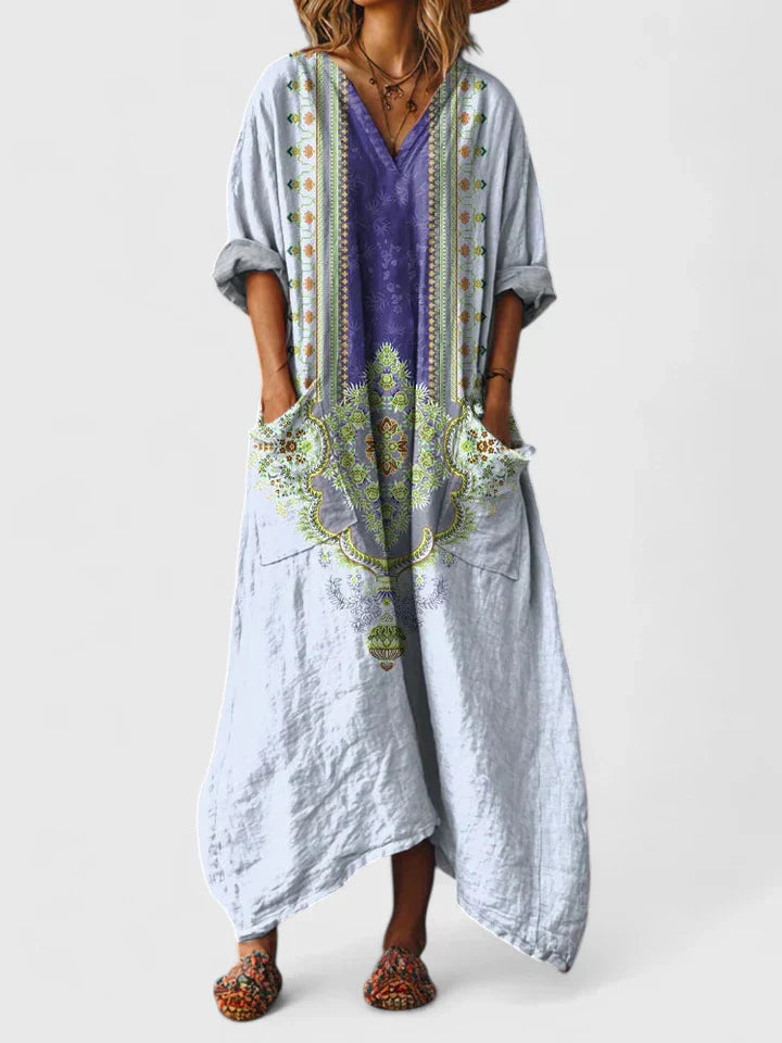 Indra | Cotton Boho Print Front Pocket Maxi Dress