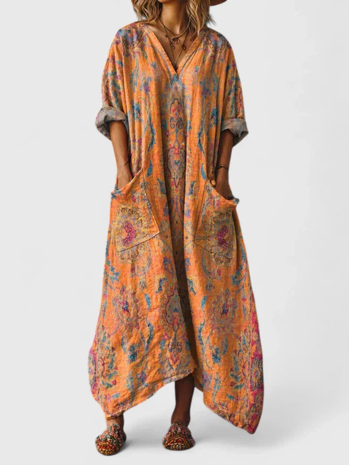 Indra | Cotton Boho Print Front Pocket Maxi Dress
